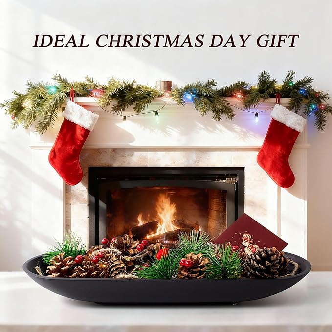 Large Decorative Bowl for Home Decor - Long Dough Bowl with Anti Slip Base for Table Centerpieces - Black Minimalist Design Dough Decor Bowl for Coffee Table, Dining Table Centerpiece