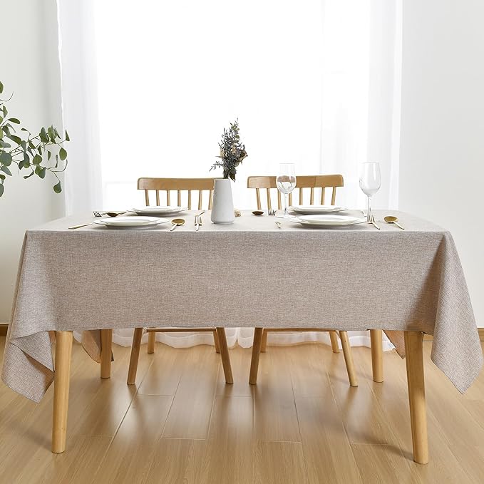 JIUZHEN Faux Linen Farmhouse Tablecloth Rectangular, Wrinkle Stain Resistant Table Cloth Rectangle Table Cover for Kitchen Dining, Holiday Party Dinner, Stone, 60 x 140 Inch