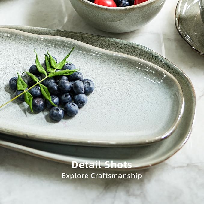Organic Shape Highland Ceramic Serving Tray, 1pcs 13×7inch Handmade Reactive Glaze ceramic Tray with Wavy Edge, for Kitchen, Microwave & Dishwasher Safe, Scratch Resistant-grey
