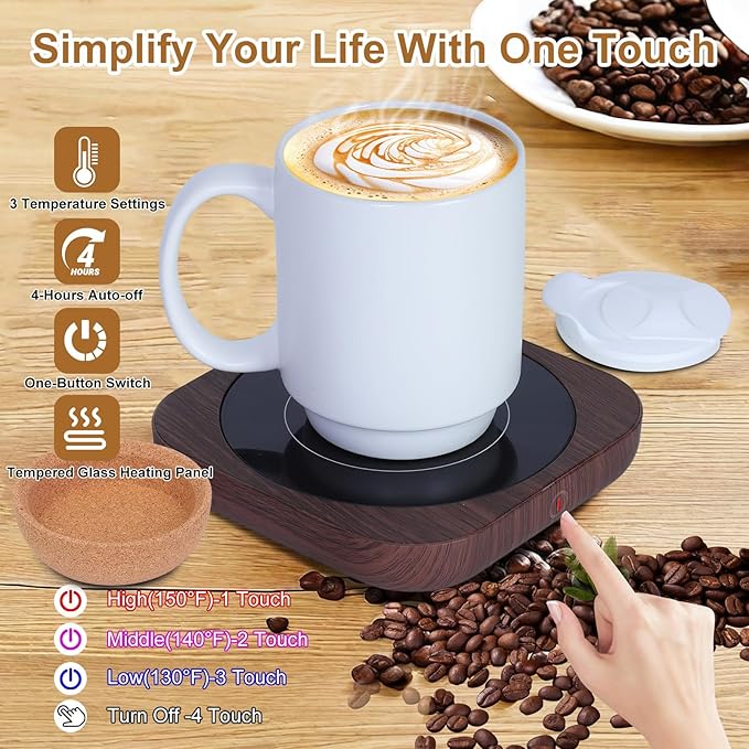 Coffee Mug Warmer & Mug Set for Desk, Electric Coffee Cup Warmer with Ceramic Mug, Smart Heated Coffee Mug with Auto Shut Off for Office/Home, Christmas/Birthday/Coffee Gifts for Men & Women, Wood