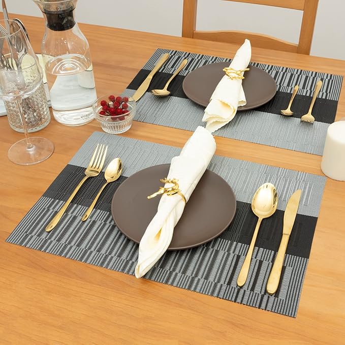 Winknowl Placemats Set of 4, Heat Resistant Non-Slip Vinyl Woven Table Mats for Dining Table, Washable Durable Elegant Place Mats for Kitchen Indoor/Outdoor Use (Black)