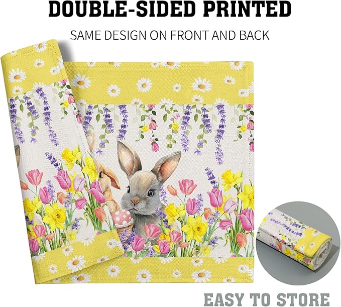 Floral Bunny Placemats - Happy Easter Place Mats Set of 4 Spring Rabbit Daisy Tulip Flowers Tablemats 12x18 for Party Kitchen Farmhouse Yellow