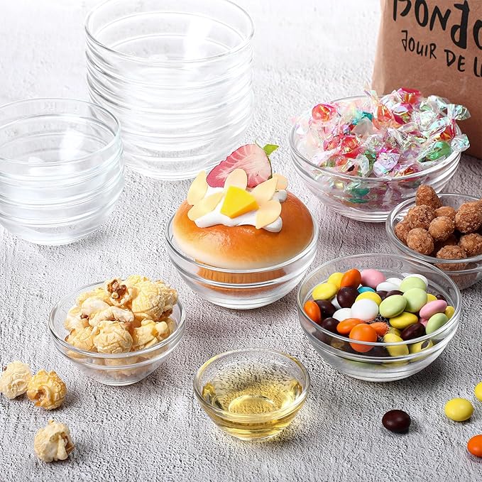 LemonRoad 20 Pcs Glass Prep Bowls Sets 4 Sizes 1.5/2.5/4.5/8.5 oz Cooking Clear Small Prep Pinch Bowls Mini Stackable for Toppings, Kitchen, Salt, Spices, Dipping, Baking & Meal
