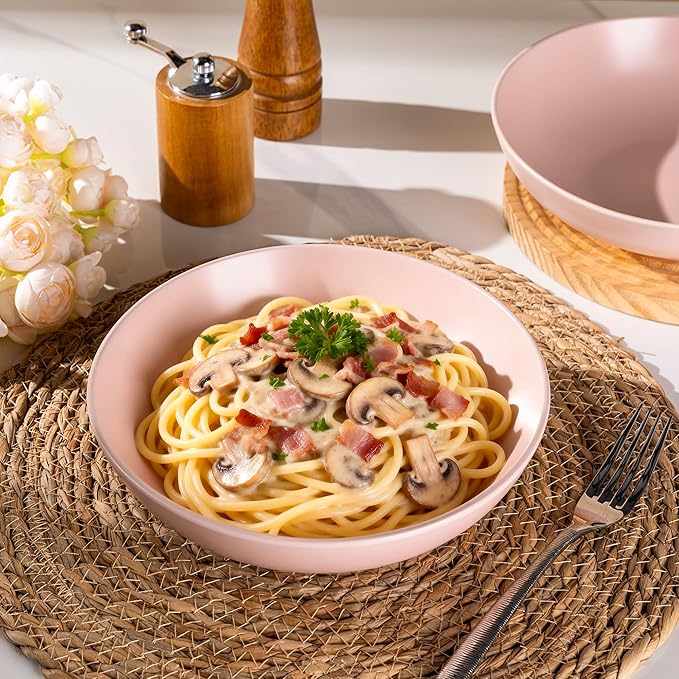 AmorArc 8.75‘’ Large Pasta Bowls, 42 ounce Deep Stoneware Bowls Set of 4 for Kitchen, Wide Bowl for Pasta/Salad/Fruit/Oatmeal/Soup, Microwave&Dishwasher Safe-Matte Pink