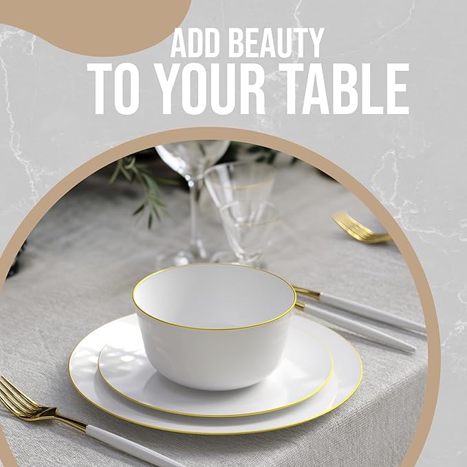 Trendables Disposable Bowls - 24 Oz Set of 20 in White with Gold Rimmed Fancy Plastic Serving, Ice Cream and Salad Bowls