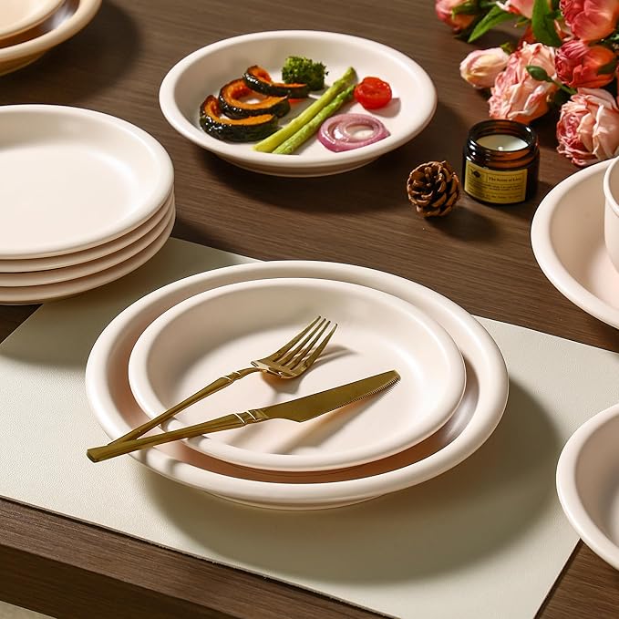 GZG 10.25-Inch Ceramic Dinner Plates Set of 4, Rustic Matte Glaze Terracotta Stoneware Plates for Main Course & Everyday Meals, Microwave & Dishwasher Safe(Cream Mist)