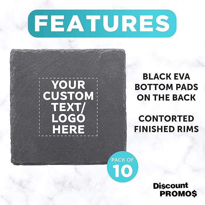Custom Sohag Square Slate Coasters Set of 10, Personalized Bulk Pack - Table Decor, Kitchen Decor, Wedding Favors - Black