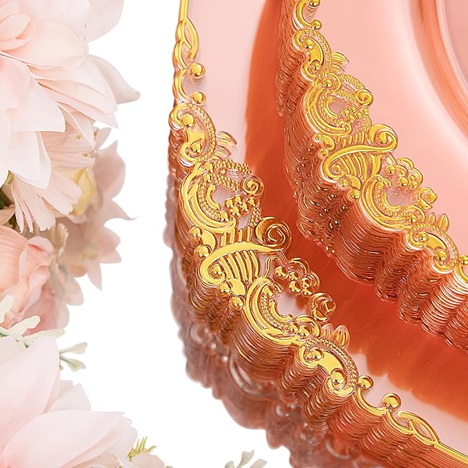 Hioasis 175pcs Pink and Gold Plates - Pink Party Plates for 25 Guest, Include 50 Heavy-duty Plates(20% Thicker Than Standard), 75 Cutlery Set, 25 Napkin, 25 Cups
