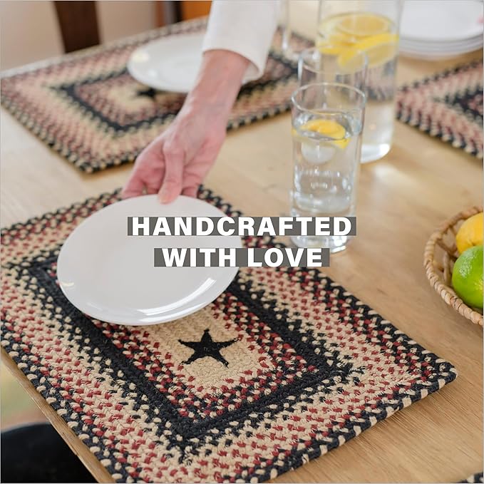 Homespice Primitive Star Gloucester Braided Jute Coasters 4", Warm Primitive Decor, Set of 6, Black and Red - Durable, Absorbs Moisture, Easy to Clean and Protects Furniture