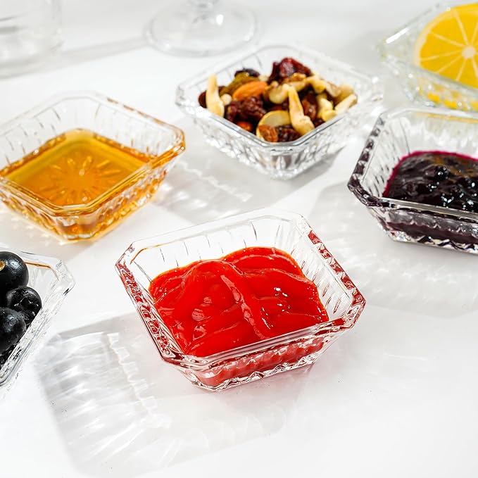 kanpura Mini Glass Bowls, Square Prep Bowl, Dishwasher Safe, Pinch Bowls for Dipping Spices Sauce, Stackable, 1.8 oz, Set of 6, (Clear)