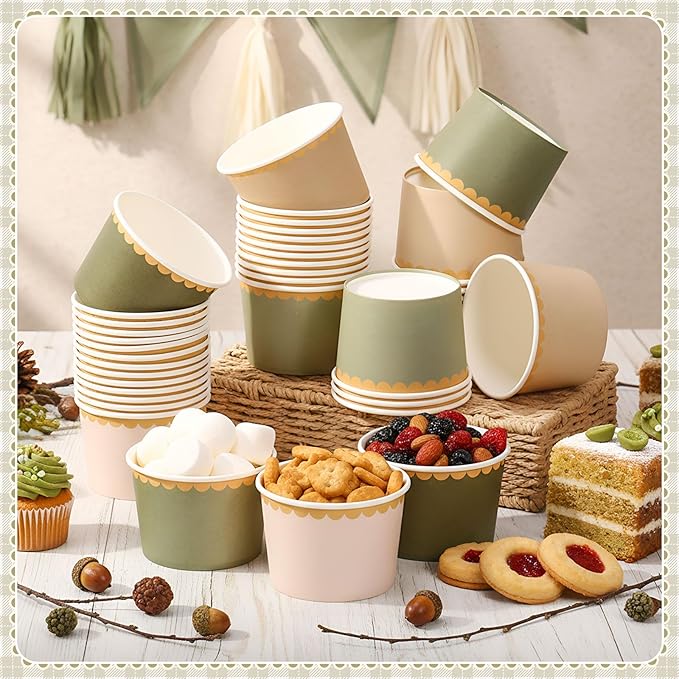 Zopeal 48 Pcs Sage Green Disposable Ice Cream Bowls 9oz Green Gradient Color Paper Snack Cups with Gold Scallop for Parties, Weddings, Baby Showers, Desserts, Yogurt, and Salads