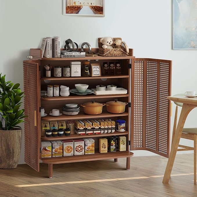 ORRD Shoe Cabinet, 5 Tier Boho Wooden Shoe Storage Organizer Cabinet with Adjustable Shelves, Shoes Rack with Iron Rattan Curved Doors Accent Cabinet for Entryway Hallway Living Room, Walnut