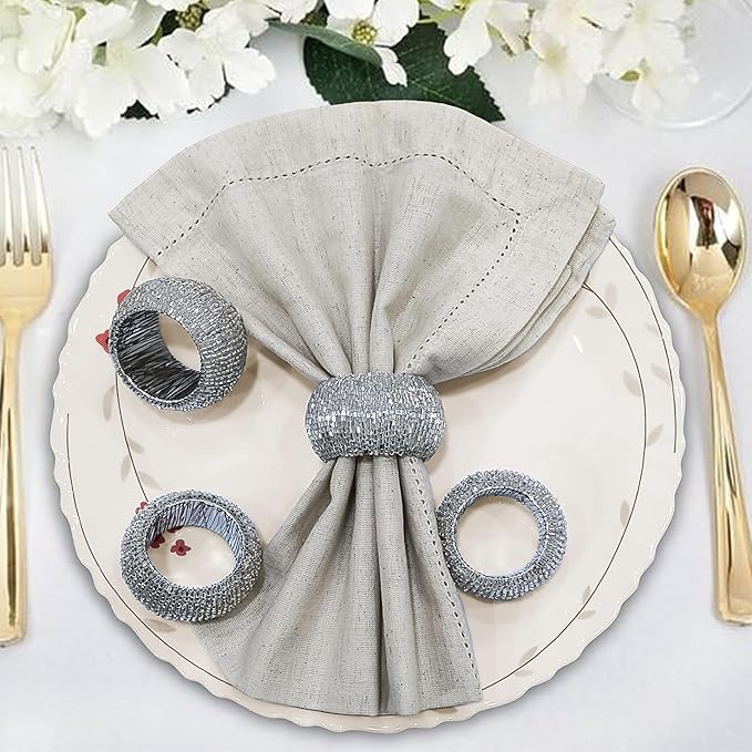 Lightnpro Beaded Napkin Ring Set of 12 - Elegant Decorative Napkin Holder for Dining Table Decor, Weddings, Banquets, Birthday Parties, Thanksgiving, Special Occasion, Holiday & Everyday Use - Silver