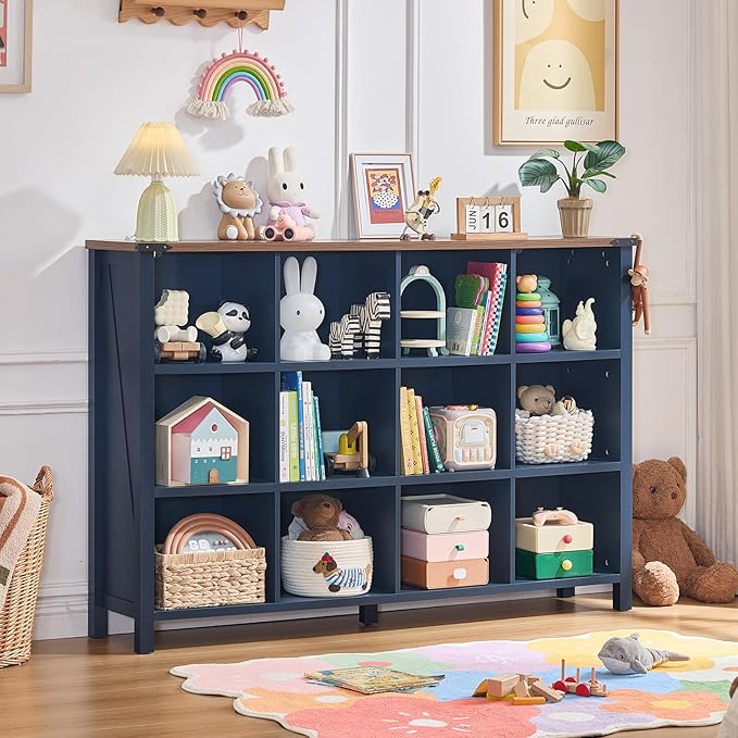12 Cube Storage Organizer, Farmhouse 62 Inch Wide Navy Blue Display Bookshelf, Wooden 3 Tier Large Open Book Shelf, Vintage Bookcase for Home Office, Cubby Cabinet for Living Room, Bedroom