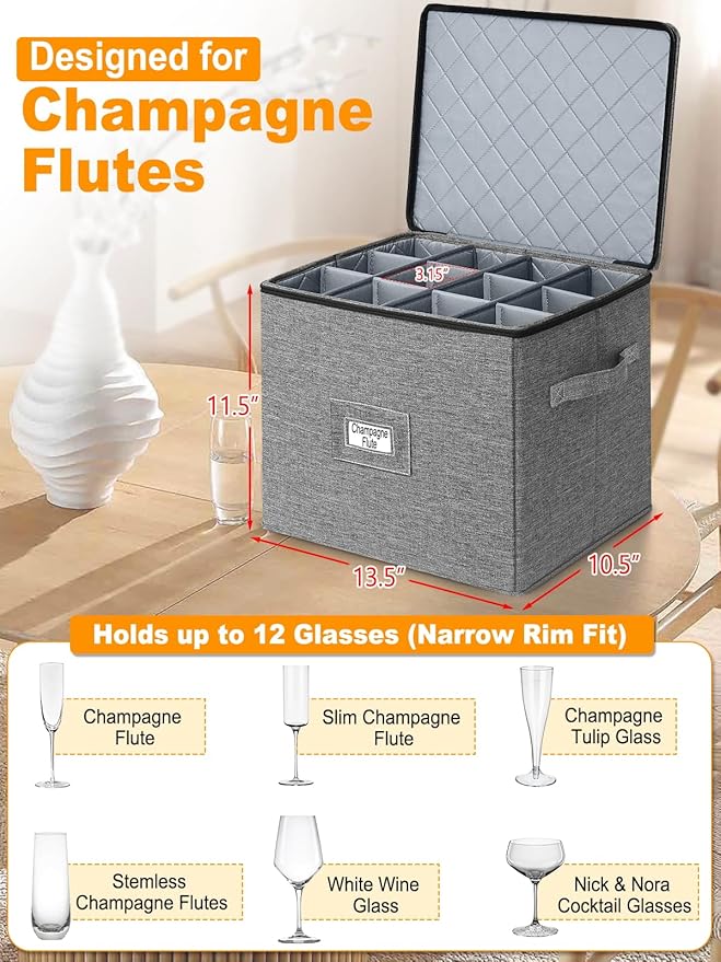 punemi Champagne Flute Storage Container, 2 Pack Wine Glass Storage Box w/Hard-Shell Top, Bottom & Sides, Dividers, Stackable Glassware Storage Container for Champagne, White Wine & Stemware