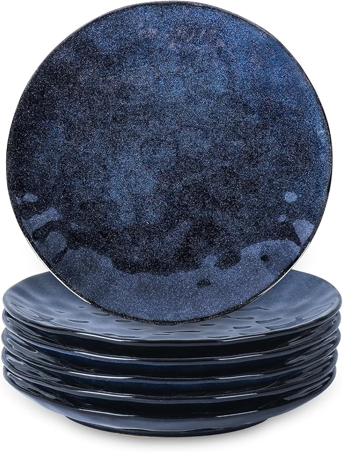 vicrays Ceramic Dinner Plates Set, 10.5 Inch, Set of 6, Round, Microwave, Oven, Dishwasher Safe, Porcelain Fluted Suitable for Steak, Pasta, Pizza, Home, Party, Restaurant (Blue)