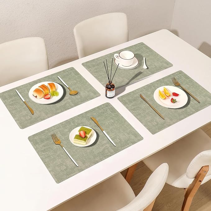 Faux Leather Placemats Set of 6, Heat Resistant Wipeable Washable Vinyl Place Mats, Waterproof Anti-Slip Dining Table Mats, Suitable for Indoor & Outdoor Use (Light Green)