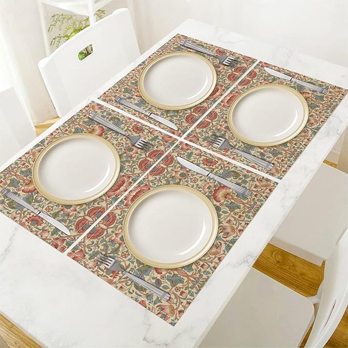William Morris Placemat Set, Beige Blue Pink Retro Rustic Art Exotic Ethnic Lotus Floral Seamless Pattern Home Decor Linen Table Mats for Dining Room Kitchen Party (17x12in) x4P