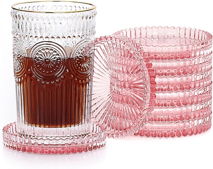 JUXYES 8 Pack Clear Pink Crystal Coasters Round Cup Mat, Glass Coasters for Drinks Coffee Tea Wine, Decorative Wine Bottle Coaster, Crystal Drink Coasters for Restaurant bar Kitchen Dining Table