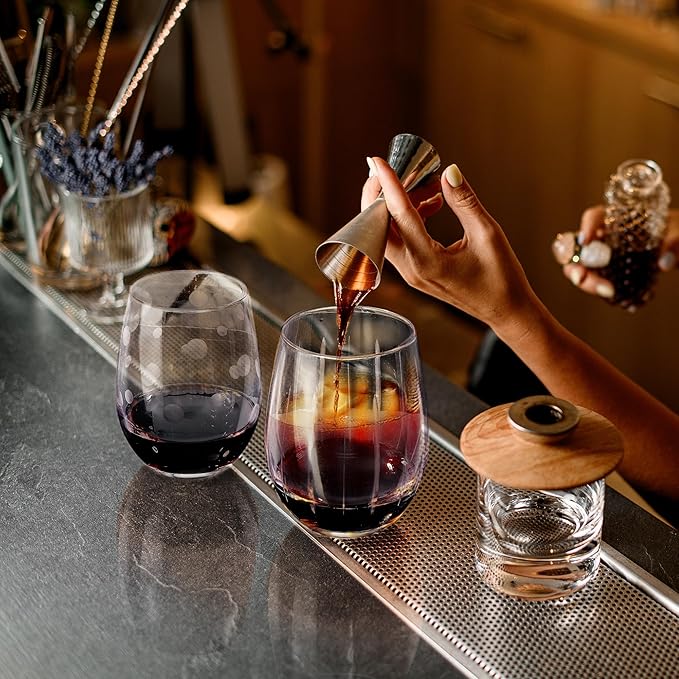 Joeyan Hand Blown Etched Stemless Wine Glasses for Red Wine,Large Carved Drinking Glass Cups Tumblers with Dots Strips Pattern for Wedding Anniversary Party Home,Set of 2, 17.5 oz, Dishwasher Safe