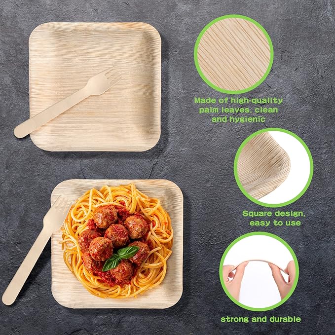 Irenare 200 Pcs Palm Leaf Plates and Wooden Forks Set, 6 Inch Bamboo Square Disposable Party Plates Compostable Tableware for Appetizers Wedding Picnic Dessert BBQ Camping Events