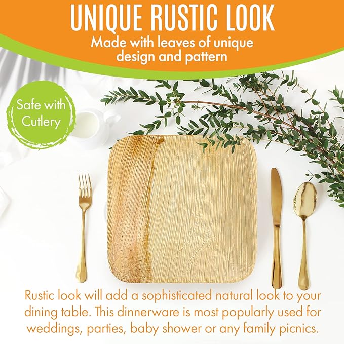 Raj Palm Leaf Plates Bulk [100-Pack] 6" Square Plates(7 CASES - 700 PACK) like Bamboo plates Disposable, Strong, Decorative Compostable Tableware for weddings, Lunch, Dinner, Outdoor BBQ