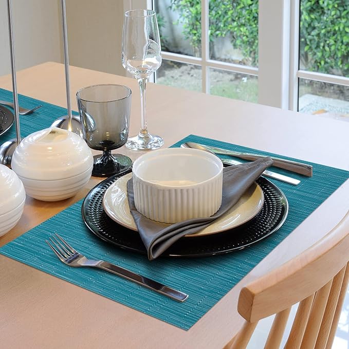 Winknowl Placemats Set of 6, Heat Resistant Stain Resistant Woven Vinyl Insulation Place mats, Durable Washable Elegant Table Mats for Kitchen Dining Table Decor (Teal Blue)