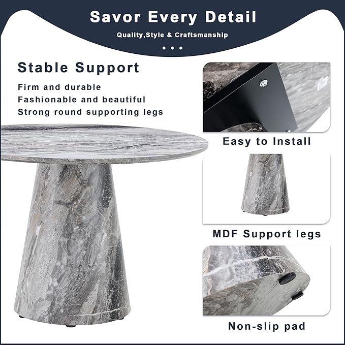 Round Dining Table Set for 4, 45" Modern Faux Marble Kitchen Table and Upholstered Chairs, 5 Piece Small Circle Dinette Set for Dining Room, Kitchen (Marble Gray Set)