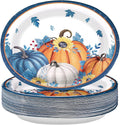 50Pcs Fall Oval Paper Plates Thanksgiving Plates 10" X 12" Large Disposable Blue White Pumpkin Plate Autumn Sunflower Platter Dinner Tableware for Autumn Harvest Thanksgiving Party Decorations