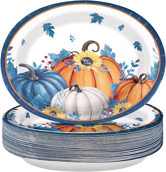 50Pcs Fall Oval Paper Plates Thanksgiving Plates 10" X 12" Large Disposable Blue White Pumpkin Plate Autumn Sunflower Platter Dinner Tableware for Autumn Harvest Thanksgiving Party Decorations