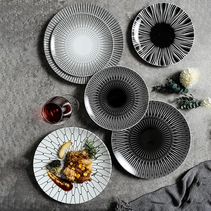 PRETYZOOM Nordic Style 10-inch Ceramic Dinner Plate with Black Striped Pattern, Western Pasta and Dessert Plate for Restaurant and Home Serving