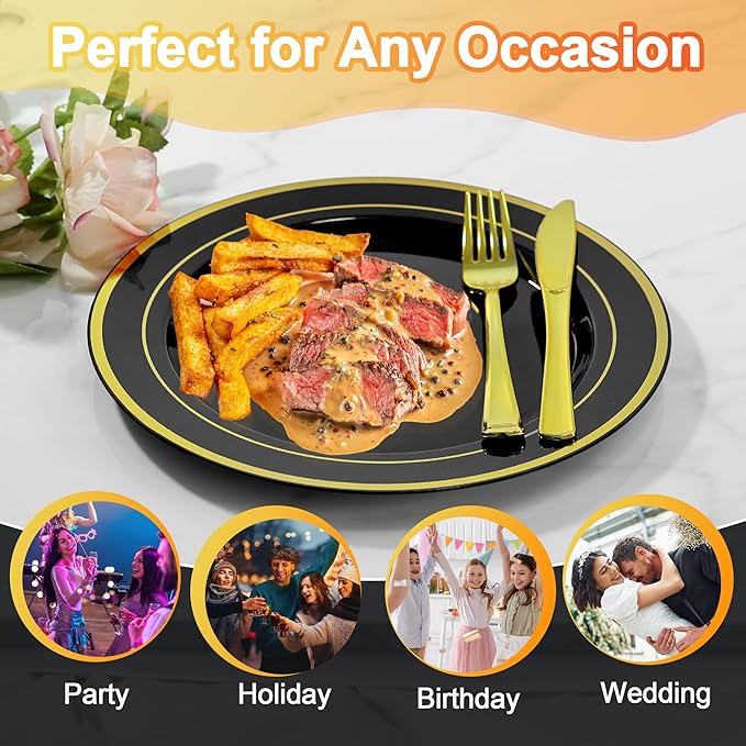 100 PCS Black and Gold Plastic Plates,Disposable Party Black Plates Include 50 10 inch Dinner Plate and 50 7 inch Dessert Plate,Gold Rimmed plates Perfect for Party Holiday,Birthday