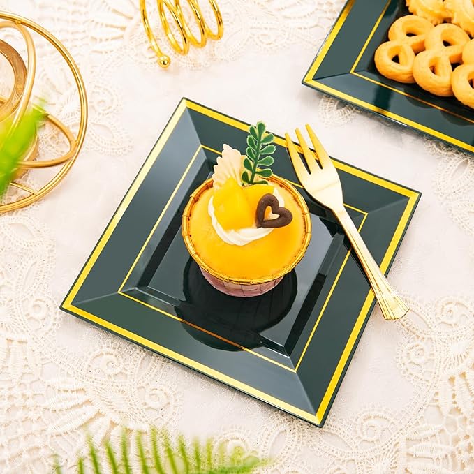 WDF 200PCS Green and Gold Plastic Dessert Plates with Plastic Forks -6’’ 100 Square Disposable Appetizer Plates Small Plates Cake Plates with Gold&100 Green Small Appetizer Forks for St. Patrick's Day