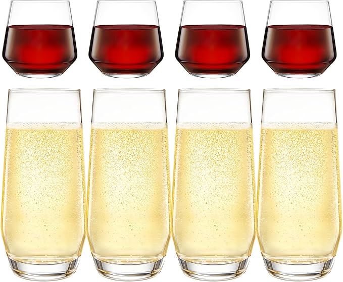 Short & Tall Drinking Glasses Set of 8 - 4 Tall Water Glasses and 4 Short Small Glass Cups Set - Elegant Glass Drinkware - Deluxe Glassware Sets for Highball Sparkling Cocktails, Wine, Beer, Whiskey