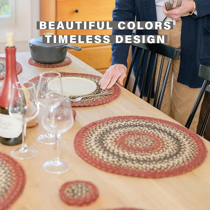 Homespice Chester Jute Braided Kitchen Trivets for Hot Dishes, Warm Cabin and Lodge Decor, Set of 6, Red 8" Round Heat Resistant Mat - Rich Colors, Easy to Clean, Durable and Protects Furniture