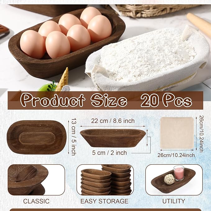 Nuogo 20 Pcs Wooden Dough Bowls Bulk 8.6 Inch Rustic Vintage Hand Carved Wood Dough Bowls Dining for DIY Home Crafts Making Farmhouse Fruits Supplies