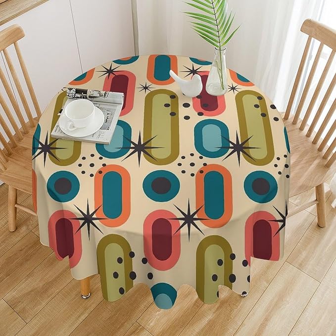 Mid Century Bohemian Round Tablecloth, Modern Medieval Geometric Abstract Print Tablecloth for Home Party Dining Room Kitchen Decor 36Inch(90cm)