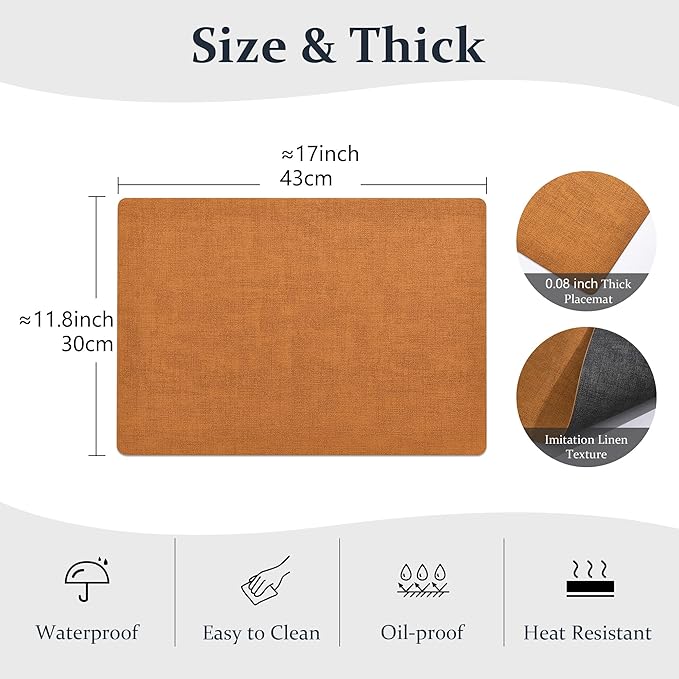 FROMHEART Faux Leather Placemats Set of 4–Waterproof,Heat/Oil Stain-Resistant PU Table Mat–Reversible,Non-Slip,Easy to Clean Place Mats for Kitchen,Dining,Indoor/Outdoor,(Orange-Grey,11.8" x 17")