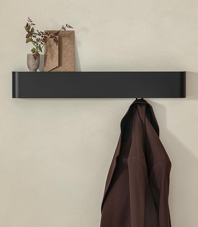 Kazai.® Coat Rack Wall Mount with Shelf 'Tone' | Modern Design Coat Hanger with Hidden Hooks and Storage | Hat Rack with Shelf in Metal | Wall-Mounted Purse Organizer | Black