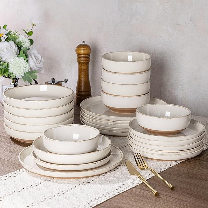AmorArc Ceramic Dinnerware Sets with Pasta Bowls for 8, Handpainted Plates and Bowls Set with Rustic Terracotta Underside, Scratch Resistant Dishes Set, Dishwasher & Microwave Safe, 32 Pcs