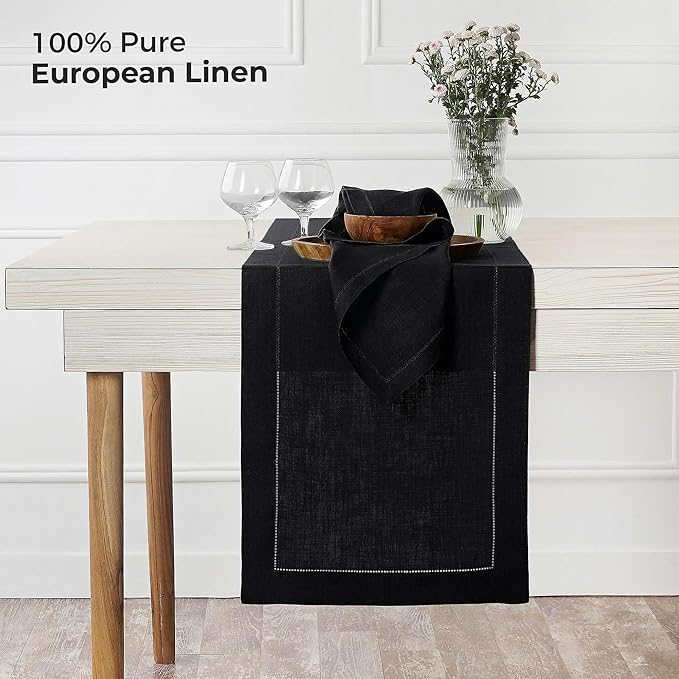 D'Moksha Homes Linen Black Table Runner 60 Inches - Classic Hemstitch, 100% Pure Linen Coffee Table Runner 14 x 60 Inch Ideal for Dresser Tables - Spring, Easter