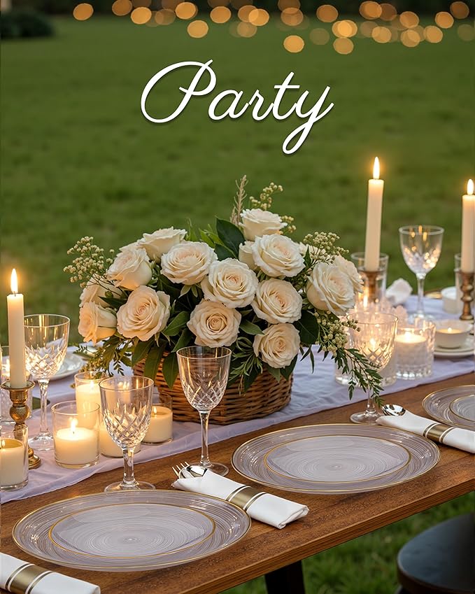Morejoy 60Pcs Clear Plastic Plates,Clear Disposable Plates With Gold Rim,Heavy-duty Gold Plate, Modern swirl design Plate Include 30Clear Dessert-Platos,30Dinner-Platos for Party&Christmas