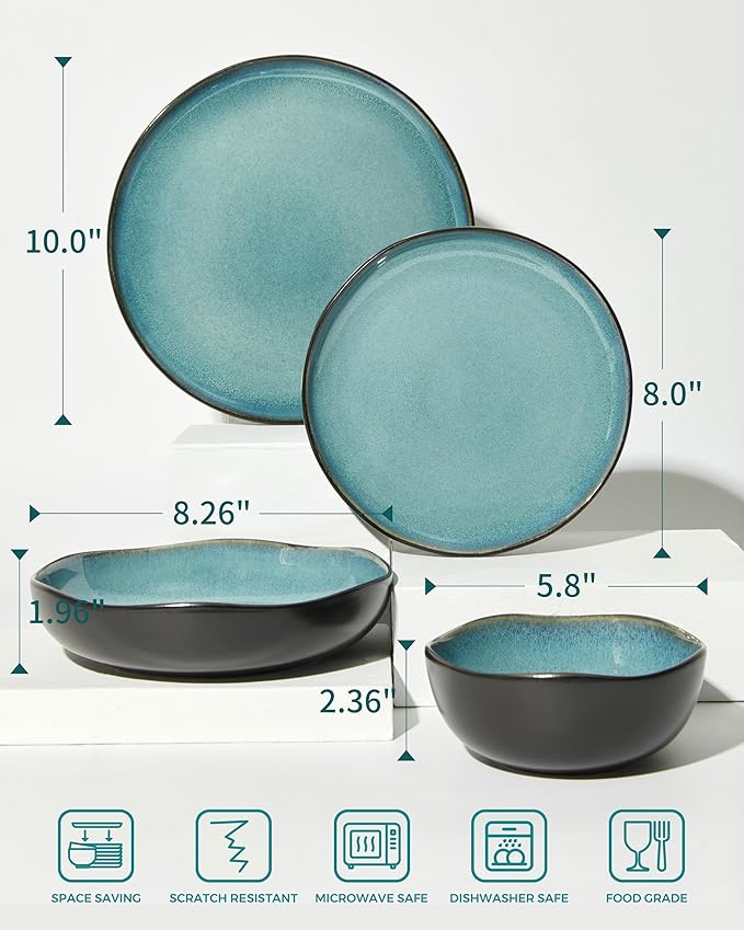 Plates and Bowls Sets, 16 Pieces Dinnerware Set for 4 with Pasta Bowls, Handmade Dishes Set, Chip Resistant Dishware Sets, Microwave Safe Dinner Set, Designed for Interactive Meals, Green Black