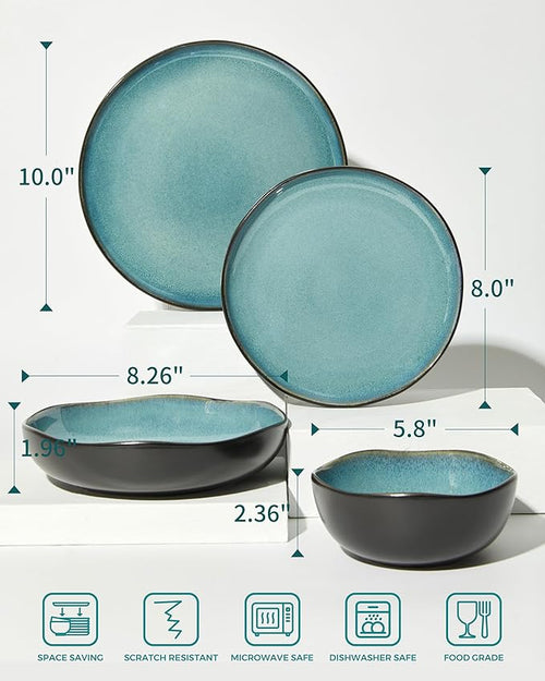 24 Pieces Dinnerware Set for 6 with Pasta Bowls, Complete Ceramic Dish Set, Stackable & Glossy Stoneware Plate and Bowl Set for Effortless Everyday Hosting, Green Black
