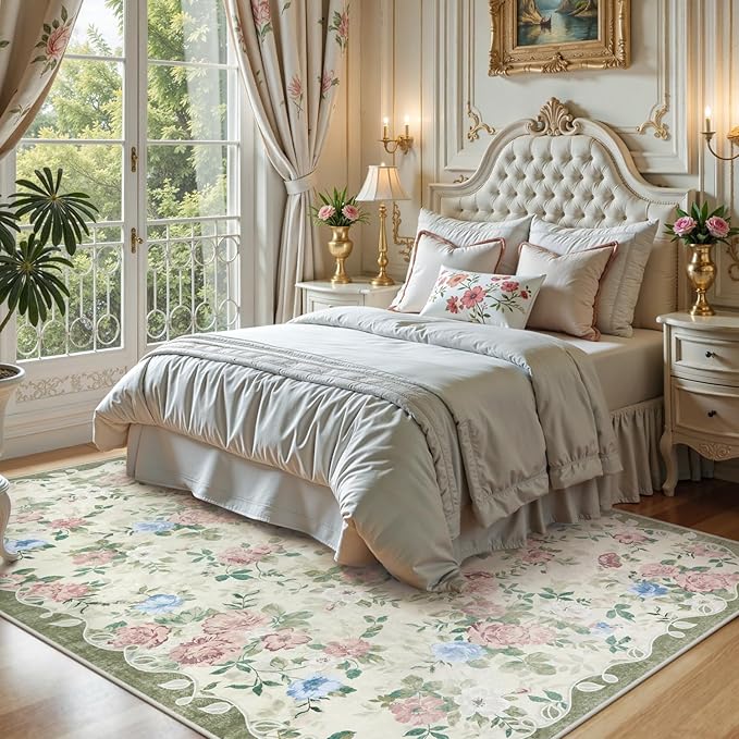 Lahome Vintage Floral Area Rugs 8x10,Large Rugs for Living Room Boho Area Rug Machine Washable, Low Pile Bedroom Rugs 8x10 Carpet for Office Rug Playroom Dining Room（Cream/Green）