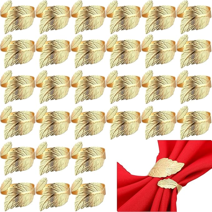 Gold Napkin Rings Set of 30, Gold Leaf Shape Napkin Rings for Table Setting Weddings, Anniversary, Birthday, Christmas, Fall, Halloween, Thanksgiving, Party of Table Setting