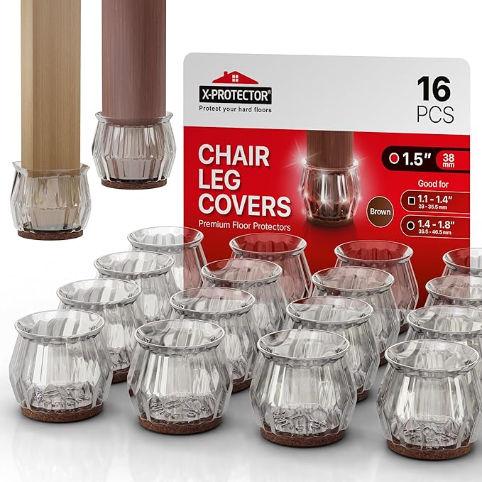 16 PCS Chair Leg Floor Protectors with Felt Pads X-Protector - 1.4" - 1.8" - Furniture Pads for Hardwood Floors - Clear Chair Pads - Floor Protectors for Chairs - Brown Chair Leg Covers!