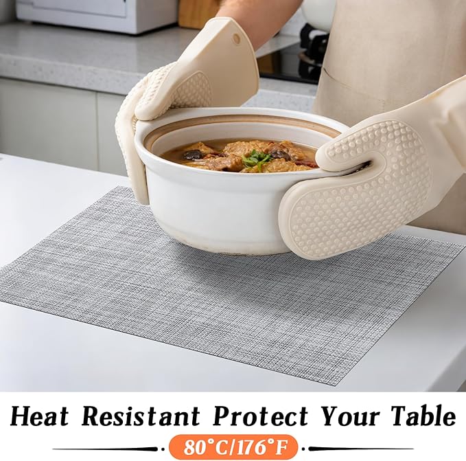 Timeet Placemats Set of 6, Heat Resistant Non-Slip Place Mats for Dining Table, Durable Washable PVC Vinyl Woven Table Mats, Linen Textured Placemats for Kitchen Resistant Easy to Clean(Gray