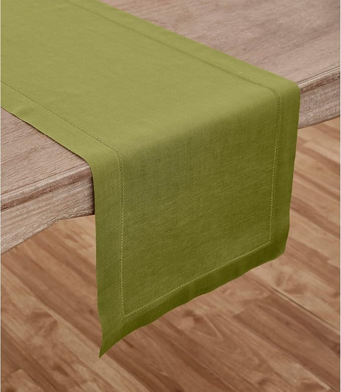 Solino Home Linen Avocado Green Hemstitch Table Runner 60 Inches - 100% Pure Linen Small Table Runner 14 x 60 Inch for Dresser and Coffee Tables, Spring, Easter, St Patricks Day - Classic Hemstitch