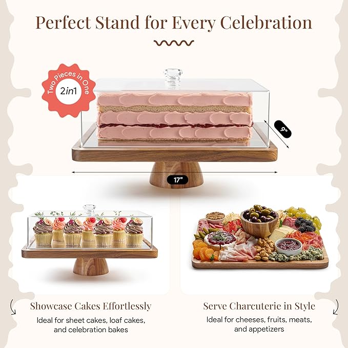 Acacia Wood Valentine Cake Stand with Lid - Rectangle Holder for Valentine's Baking, 2-in-1 Dessert Display & Charcuterie Board, Valentine's Day Serving Platter, Acrylic Dome Cover